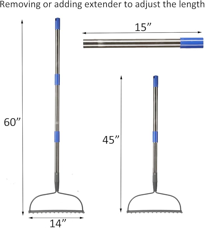 Garden Rake, 5 FT Metal Rake for Lawns Level Head Rakes with Stainless Steel Handle for Loosening