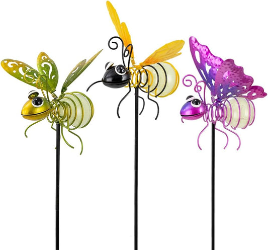 Garden Decor for Outside,3 Pcs Insect Garden Decorative Stakes,Glow in The Dark Bee Metal Yard