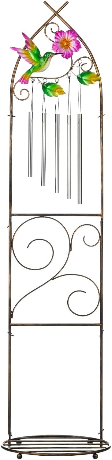 Plant Stands with Garden Trellis, 48” Metal Standing Wind Chimes Plant Pot Trellis with Hummingbird