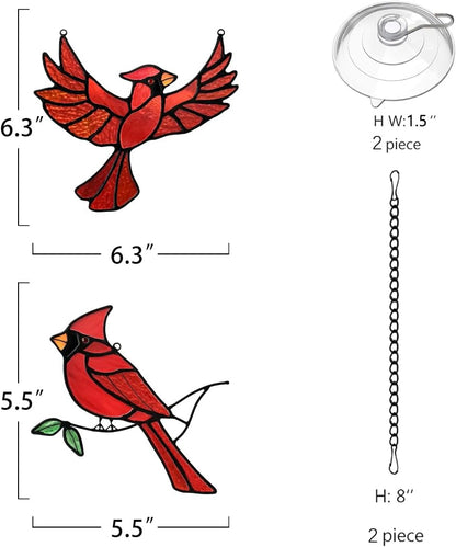 BOXCASA Cardinal Gfits Stained Glass Birds Window Hanging,Cardinal Handmade Ornament Stained Glass