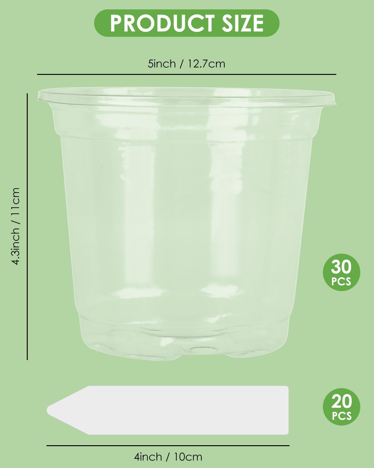 PACETAP 30Pack 5 Inch Reinforced Clear Nursery Pots with Drainage Holes, Variety Pack Plastic Plant