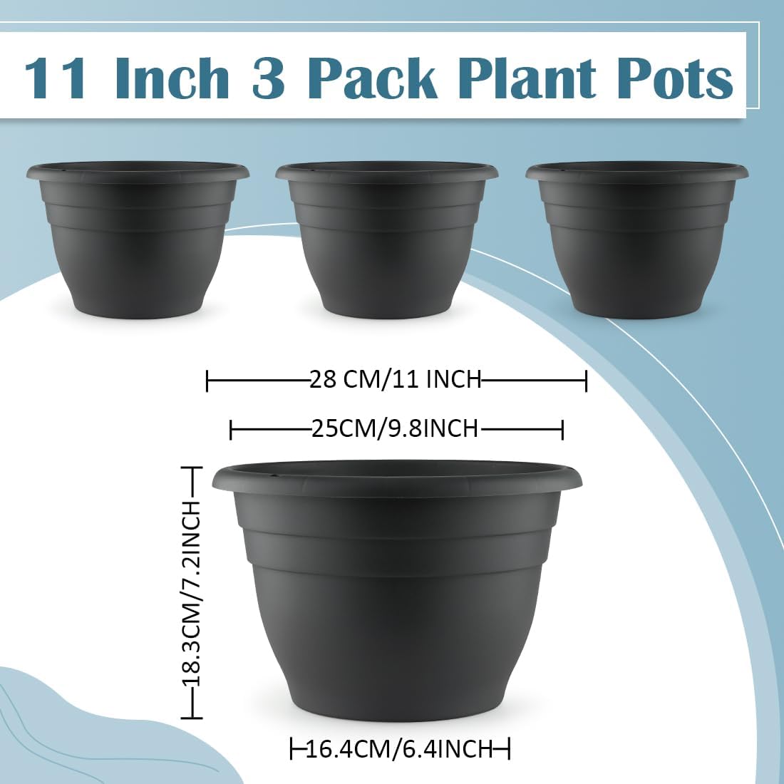 3 Pack 11 Inch Plant Pots with Drainage Hole and Plug, Durable Plastic Flower Pots for Indoor &