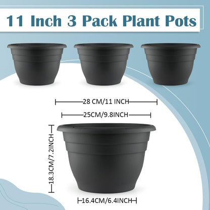 3 Pack 11 Inch Plant Pots with Drainage Hole and Plug, Durable Plastic Flower Pots for Indoor &