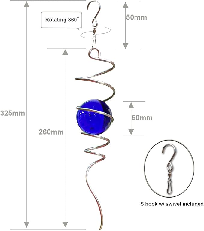 FONMY Gazing Ball Spiral Tail -Decorative Wind Spinner 11" inch Tail and 2" inch Blue Glass Orb.