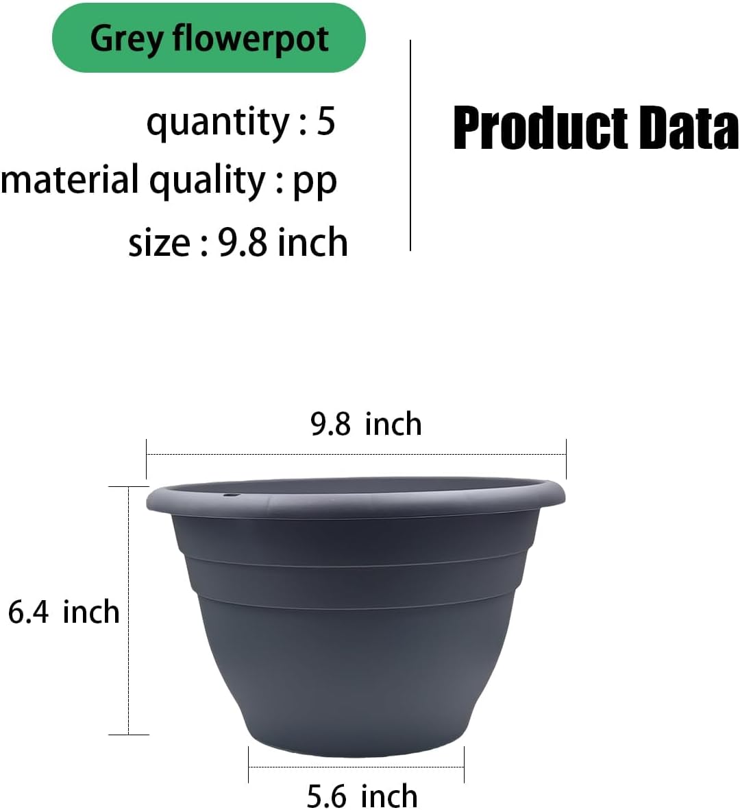 Plant Pots Set of 5, 10" Outside Diameter Flower Pots, 8.5" Inner Diameter Planters with Drainage