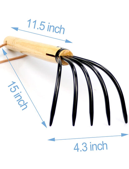 15" Gardeners Claw Rake | Military Grade Steel 6 Tines and Prime Wood Japanese Ninja Claw Garden