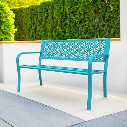 VINGLI 50" Outdoor Bench Metal with Floral Back, Garden Bench Front Porch Benches for Yard Patio