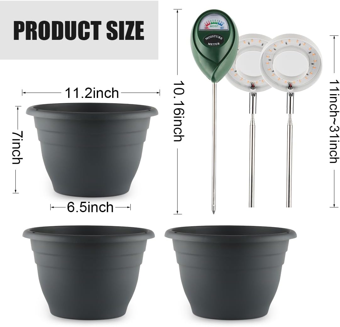 11 Inch Plant Pots with 2 x LED Grow Lights for Indoor Plants and 1 x Soil Moisture Meter