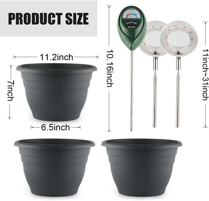 11 Inch Plant Pots with 2 x LED Grow Lights for Indoor Plants and 1 x Soil Moisture Meter