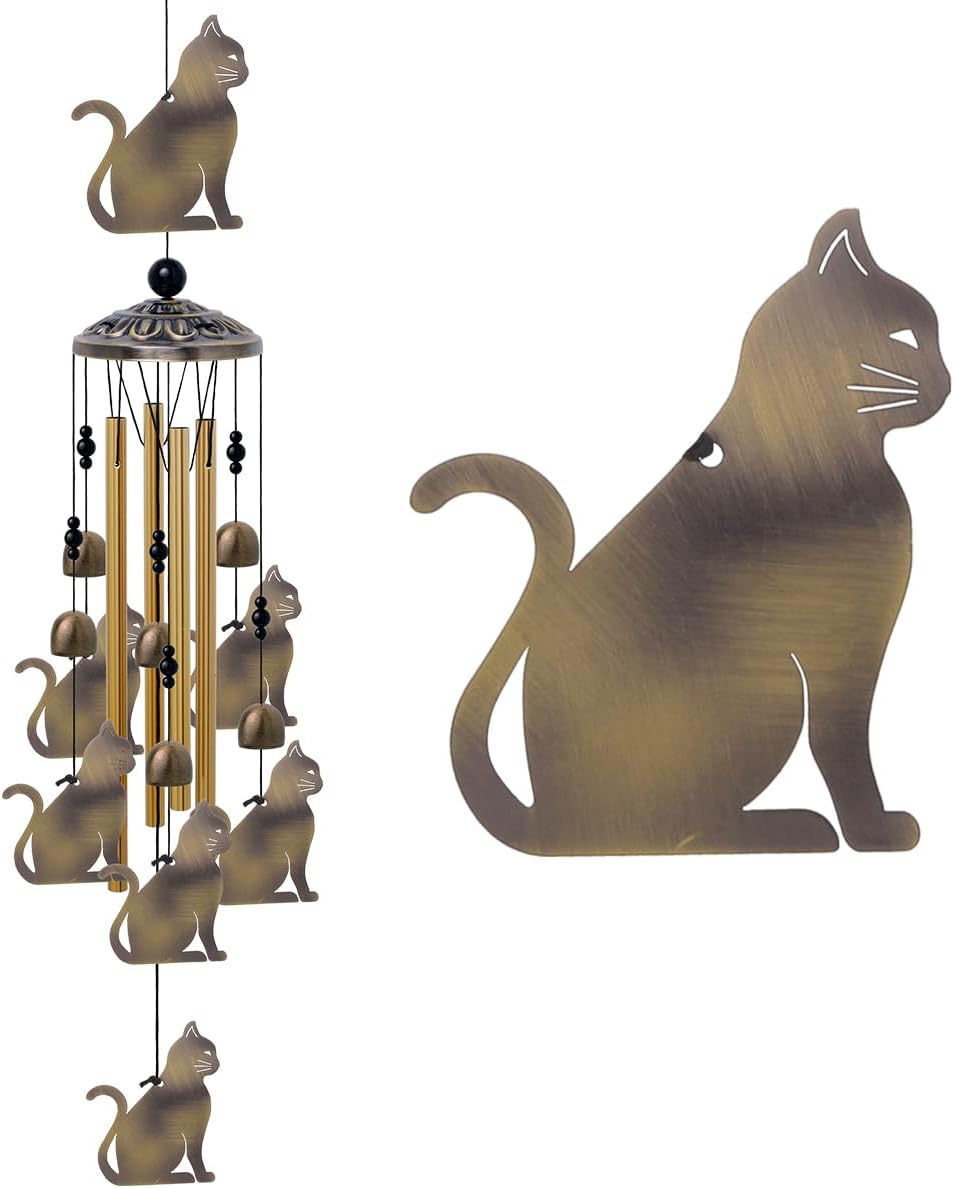 Garden Cat Wind Chimes Outdoor Indoor Decor - with 4 Tubes 7 Cats Wind Chime, Mobile Romantic Cats