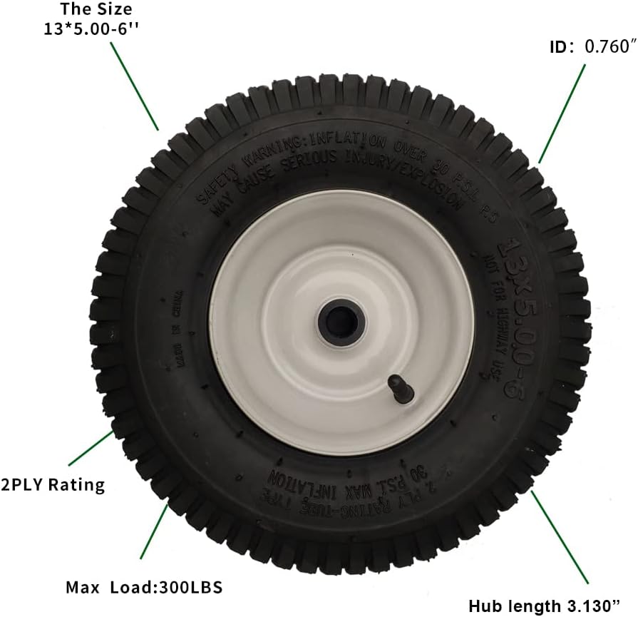 2 Pack 13x5.00-6 Lawn Tractor Pneumatic wheel,Wheelbarrow tire Turf Tread,3.13" hub length with