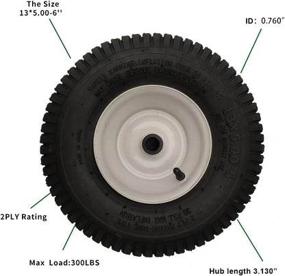 2 Pack 13x5.00-6 Lawn Tractor Pneumatic wheel,Wheelbarrow tire Turf Tread,3.13" hub length with