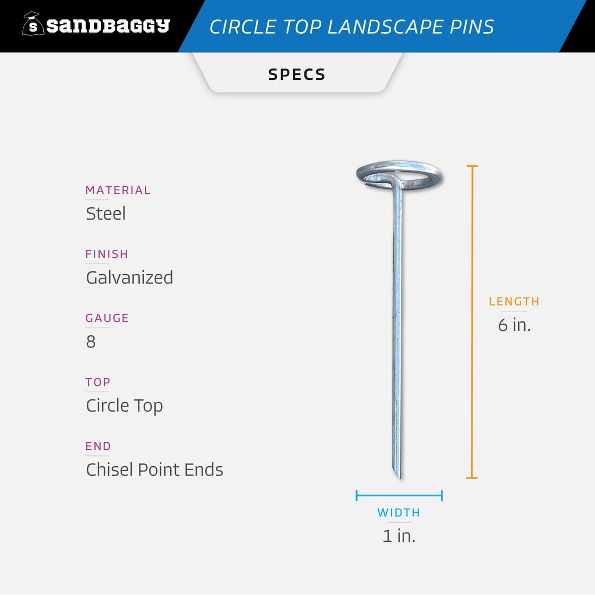 Sandbaggy 6-inch Circle Top Pins - Landscape Staples (Galvanized) - Garden Stakes for Landscaping
