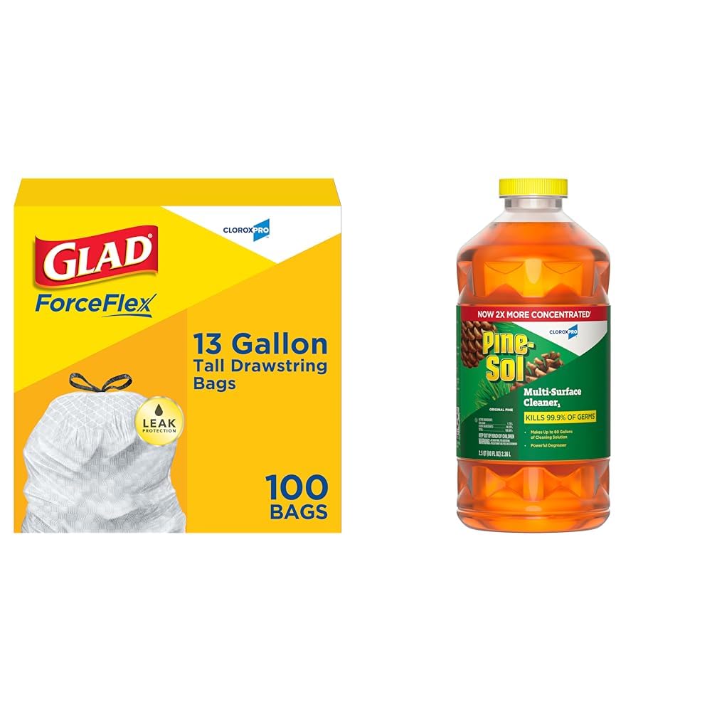 CloroxPro Glad ForceFlex 13 Gallon Tall Kitchen Drawstring Trash Bags, 100 Count and Pine-Sol