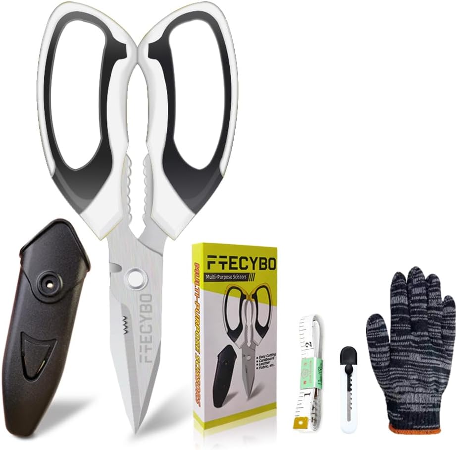 Heavy Duty 8'' Multipurpose Scissors with Protective Cover, Stainless Steel Serrated Blades, Easy