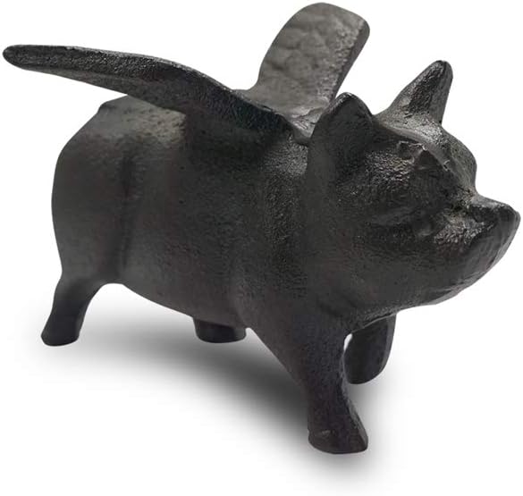 NACH Cast Iron Flying Pig Garden Statue - Black Door Stopper, Rustic Decor Sculpture, Paperweight
