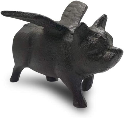 NACH Cast Iron Flying Pig Garden Statue - Black Door Stopper, Rustic Decor Sculpture, Paperweight