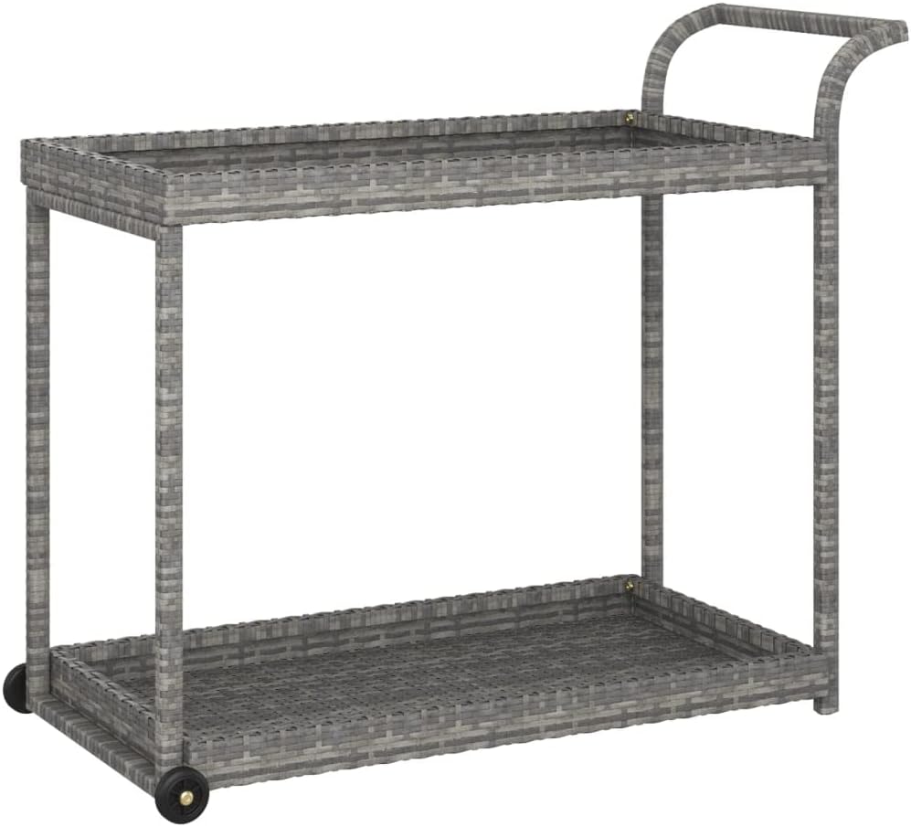 Outdoor Rolling Wicker Bar Cart with Storage Shelves, Portable Bar Cart with Wheels, Patio Kitchen