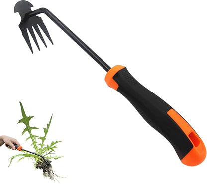 Hand Weeding Tool, Uprooting Weeder Tool Portable Garden Weed Remover with Handle, 4 Teeth