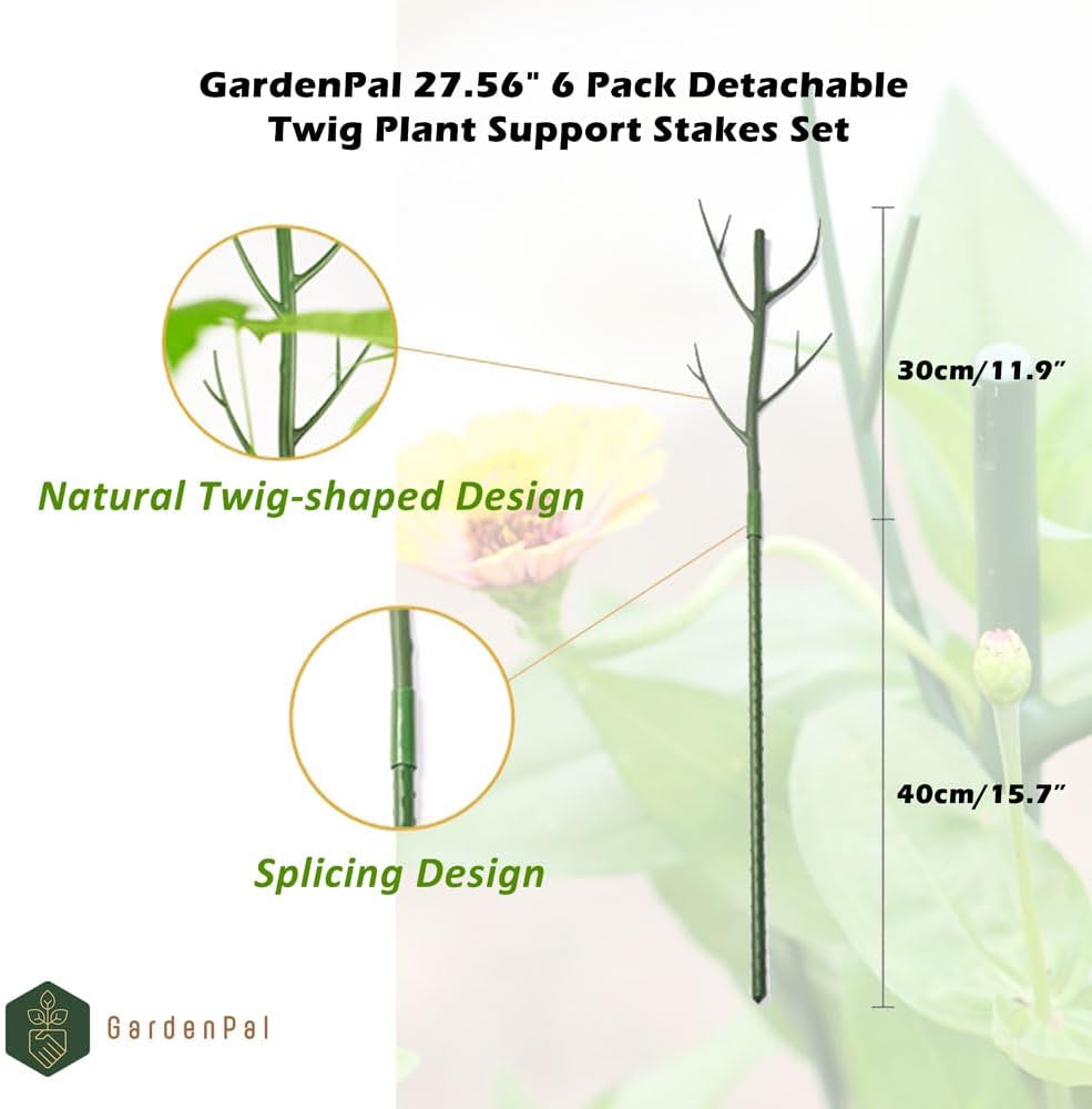 GardenPal 27.56" 6 Pack Detachable Twig Plant Support Stakes, Branch Sticks with Orchid Clips and