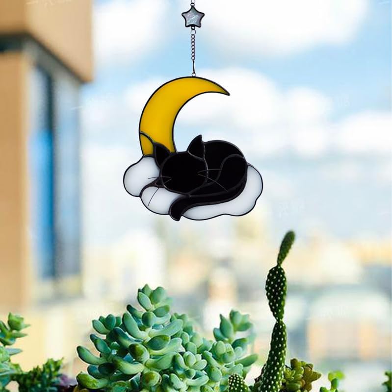 Sleeping Cat Stained Glass Windown Hanging,The Black cat Sleeping Under The Companionship of Stars