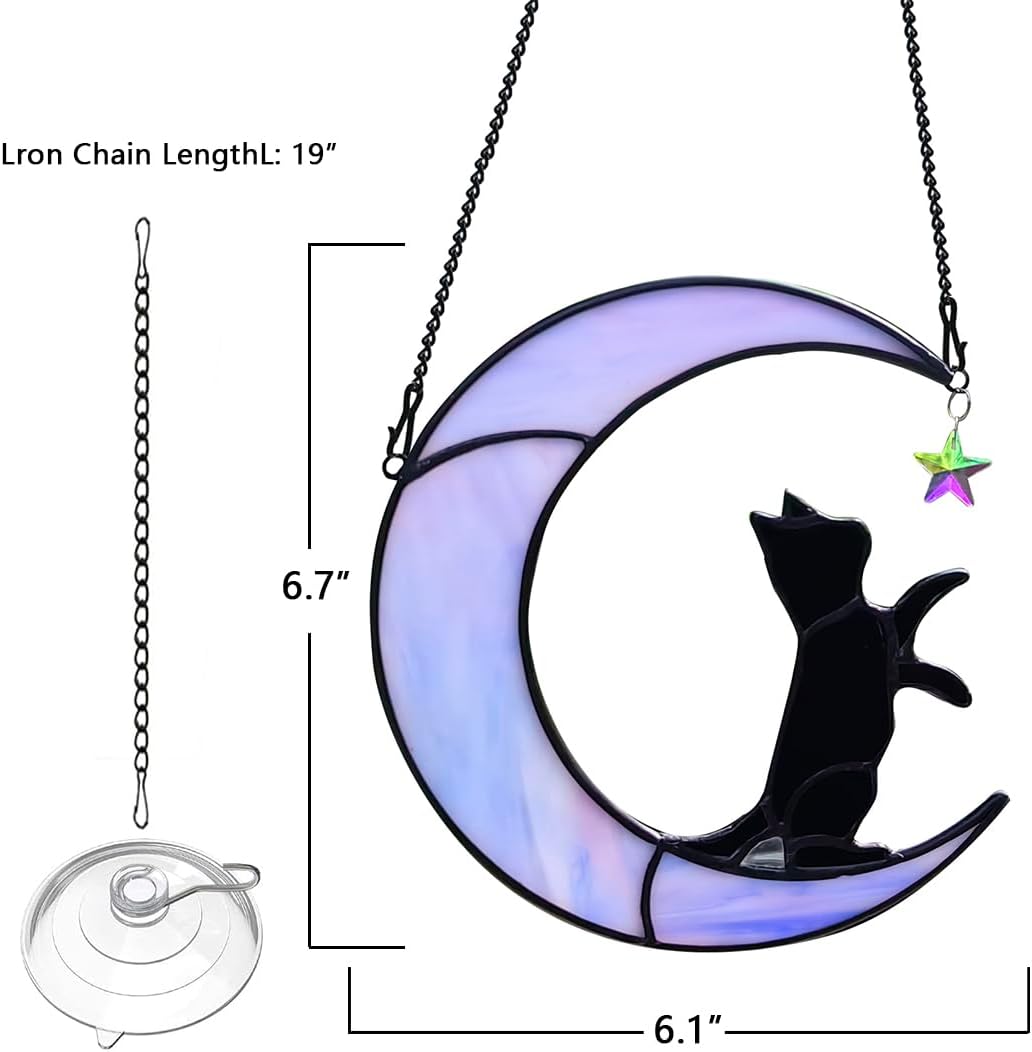 Black Cat Suncatcher for Stained Glass Windows Hanging,6.7“x6.1 Handmade Stained Glass Cat Gifts