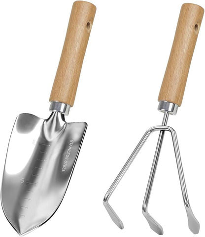 LeMotech Garden Tool Set, 2Pcs Gardening Hand Tools, Stainless Steel Trowel and Cultivator with