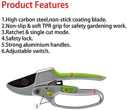 Garden Guru 2 in 1 Ratchet Pruning Shears Clippers – 4X Cutting Power – Ratcheting Garden Anvil