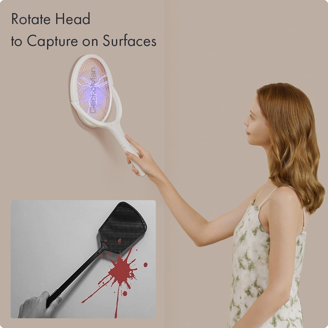 2-Pack GeckoMan Rotating Head Electric Fly Swatter Racket Rechargeable Bug Zapper Racket Bug Zapper
