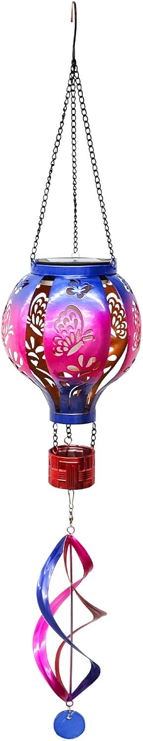 Hot Air Balloon Solar Lantern Butterfly Wind Spinners with Flickering Flame Light Hanging Solar
