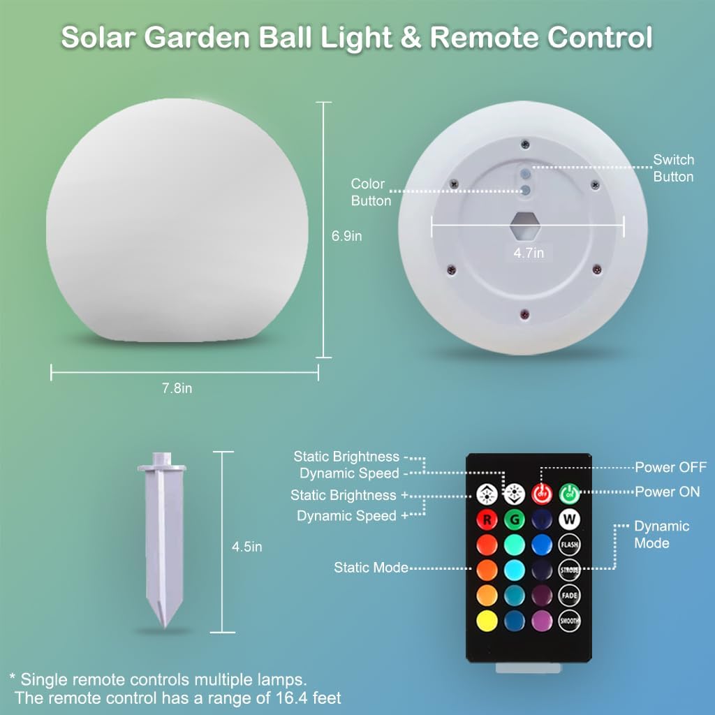 8-in Solar Glowing Globe Light, 16 Colors Changing Solar Garden Ball Lamp, Auto-On/Off Glow Orb
