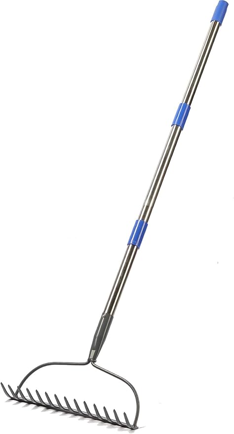 Garden Rake, 5 FT Metal Rake for Lawns Level Head Rakes with Stainless Steel Handle for Loosening