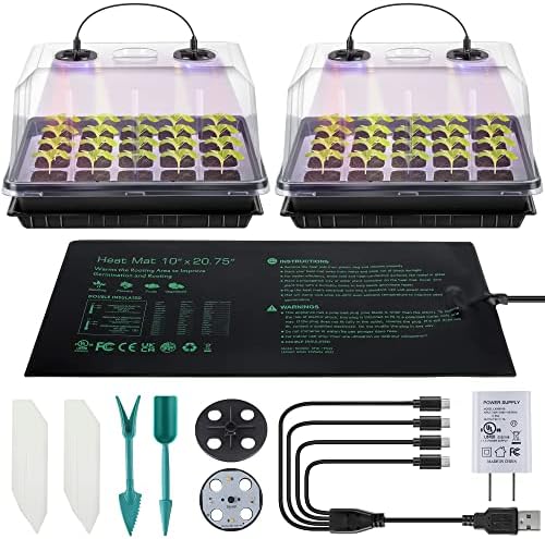 2 Pack Seed Starter Kit with Grow Lights and Heating Mat, 2 Set 40 Cell Indoor Seedling Starter Kit