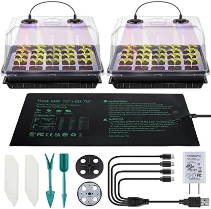2 Pack Seed Starter Kit with Grow Lights and Heating Mat, 2 Set 40 Cell Indoor Seedling Starter Kit