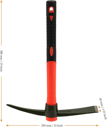2 PCS 15 Inch Garden Pick Mattock, Pick Axe with Red Fiberglass Handle, Garden Mattock Pickaxe Tool