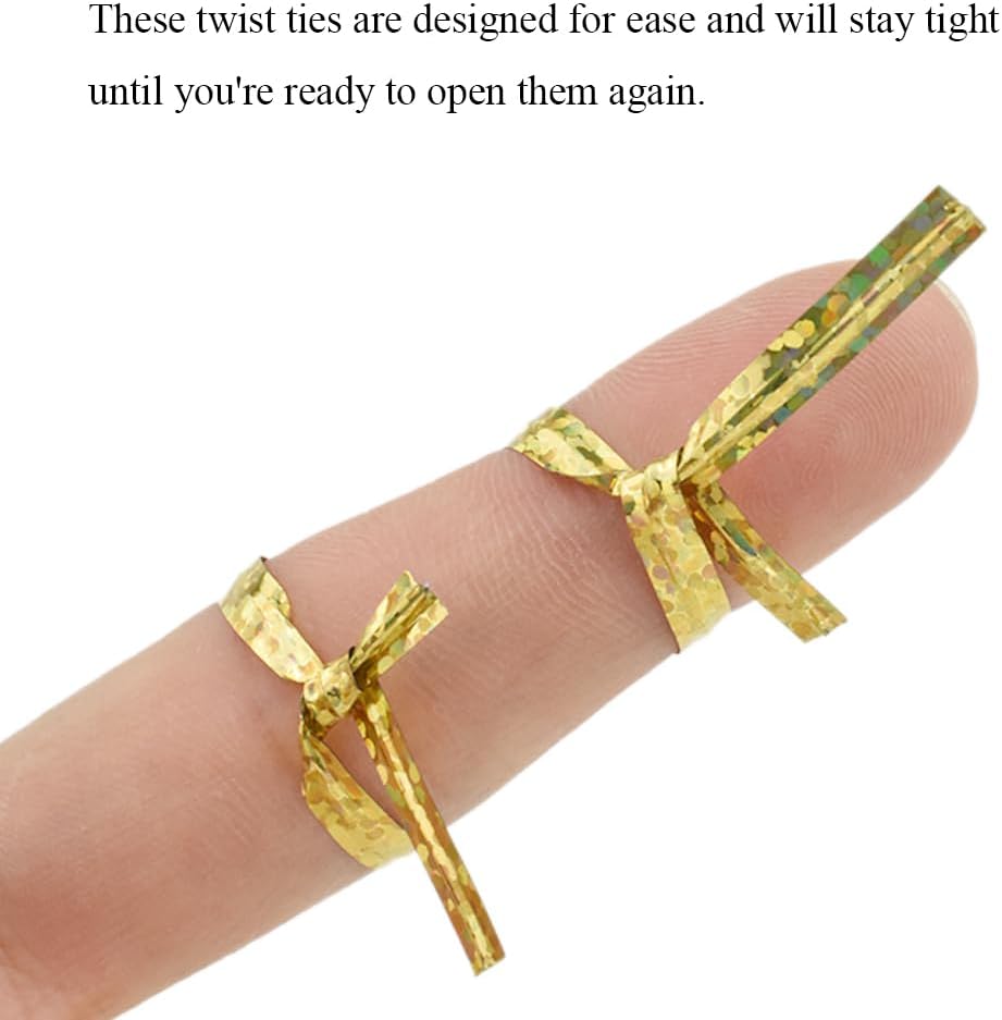 HAHIYO 300Pcs 4inches Holographic Gold Metal Twist Ties Bread Candy Coffee Bag Ties Plant Garden