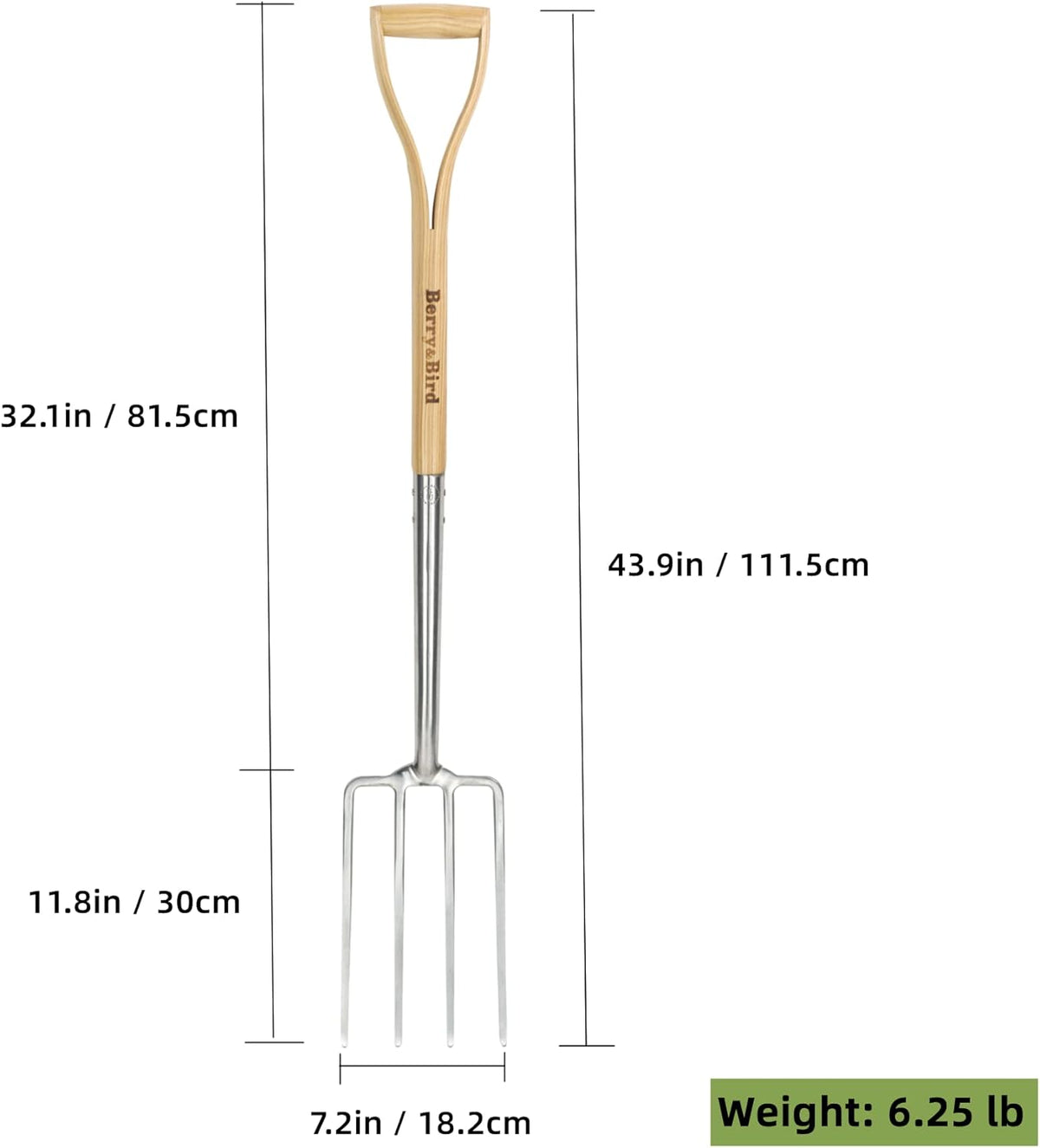 Berry&Bird Gardening Digging Fork, 4-Tine Stainless Steel Pitchfork, 43.9" Heavy Duty Spading Fork