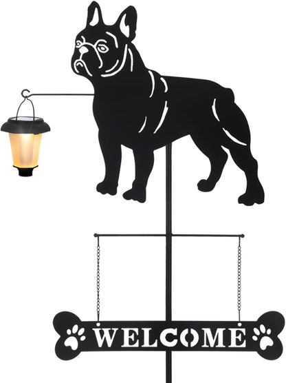 BAYN Solar French Bulldog Silhouette Dog Breed Welcome Sign with a Lantern Outdoor Decorative