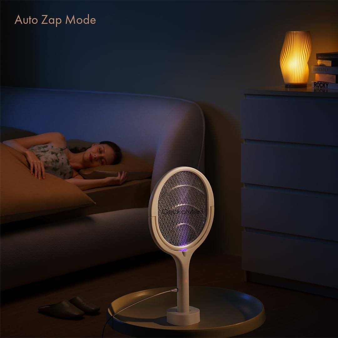 GeckoMan Rotating Head Electric Fly Swatter Racket Rechargeable Bug Zapper Racket Bug Zapper Indoor