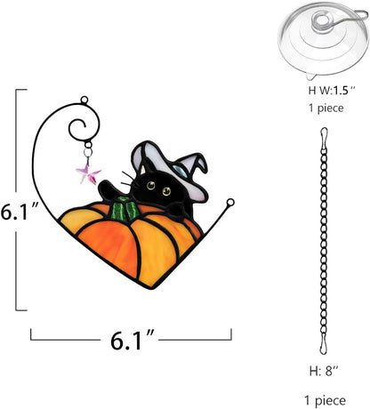 BOXCASA Black Cat Decor Stained Glass Window Hangings Pumpkin Ornament,Halloween Decor Witch Hat