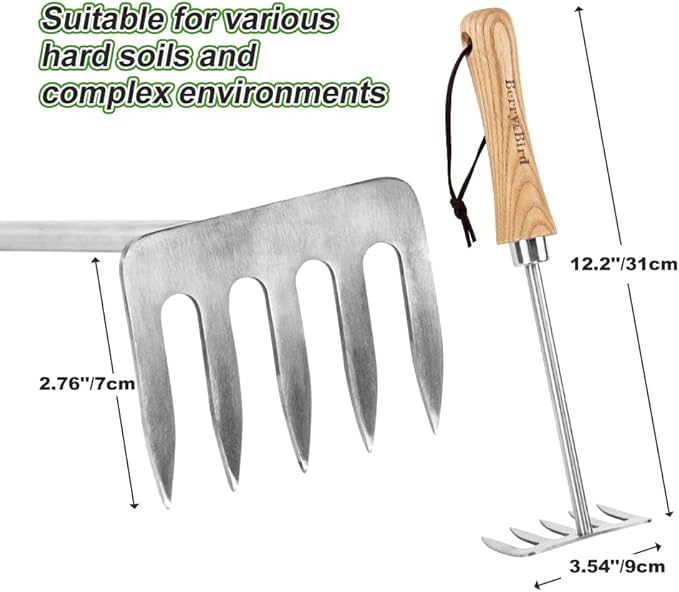 Berry&Bird Premium Hand Rake for Gardening, 5 Tines Hand Tiller Hand Cultivator Small Rake Garden