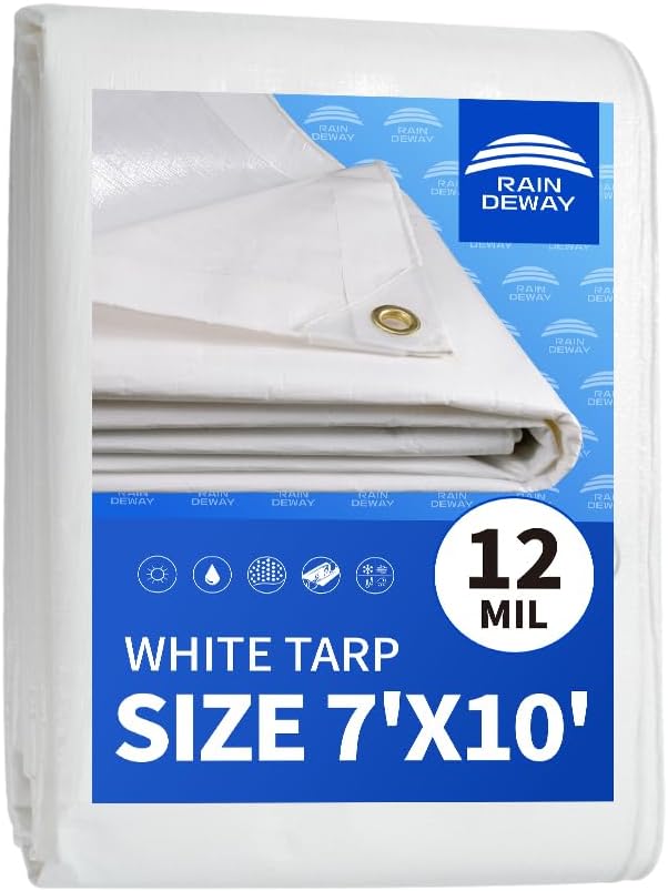 12 Mil Heavy Duty White Tarps 7' X 10', Extra Thick,Durable,Waterproof, UV Resistant, Weatherproof