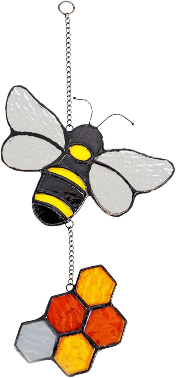 Handmade Honeybee Honeycomb Suncatcher Stained Glass Window Hangings Ornament Real Sun Catchers