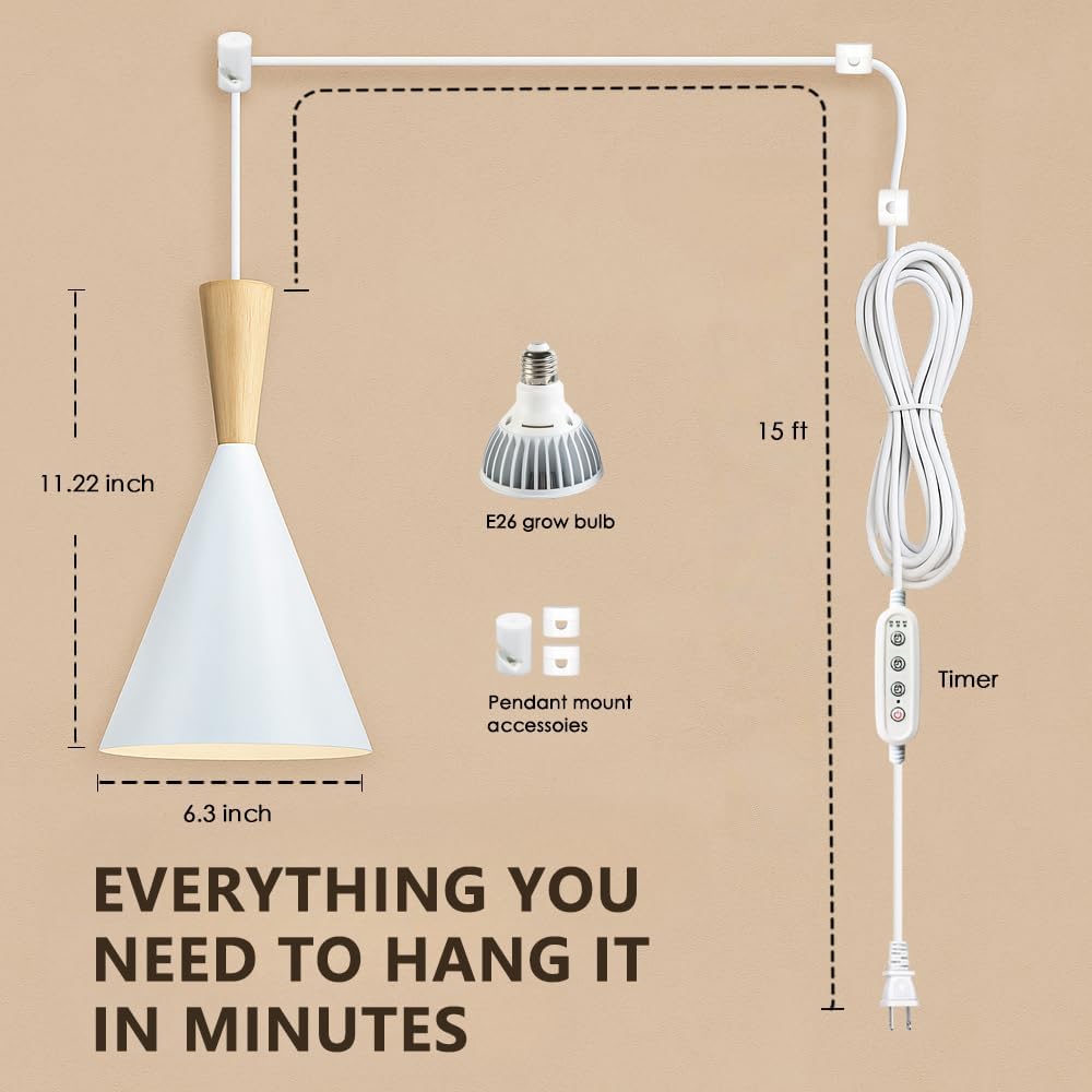 Hanging Grow Lights for Indoor Plants, Full Spectrum, with Timer and 15FT Power Cord, 20W Pendant