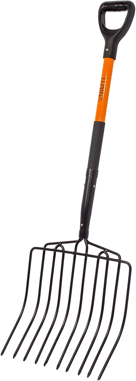 VNIMTI Pitch Fork for Gardening, 10 Tines Wide Pitch Fork with Fiberglass Handle, Heavy Duty Pitch