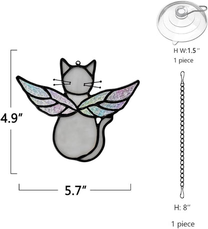 Gray Cats Gifts for Cats Lovers Suncatcher for Window,Angel Cat Memorial Gifts Stained Glass Window