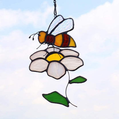 Bee Suncatcher Flower Stained Glass Window Hangings, Bee Decor Party Birthday Bee Gifts for