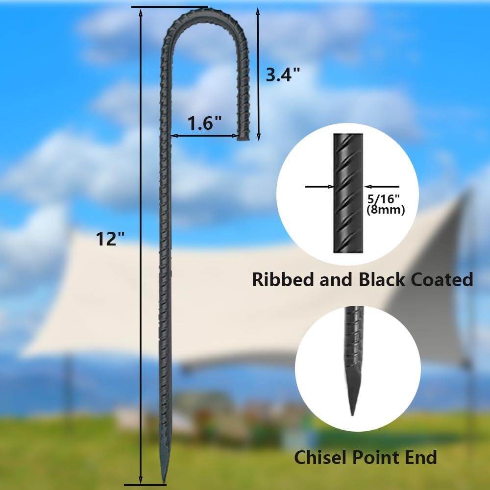 12 Inch Rebar Stakes J Hook Ground Stakes,16-Pack Fence Stakes Metal Tent Stakes for Tents