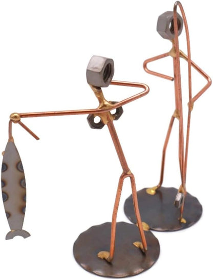Fisherman with Wife Collectible Handmade Metal Art Figurine, Desk Accessories, Trophy, Boss Gift