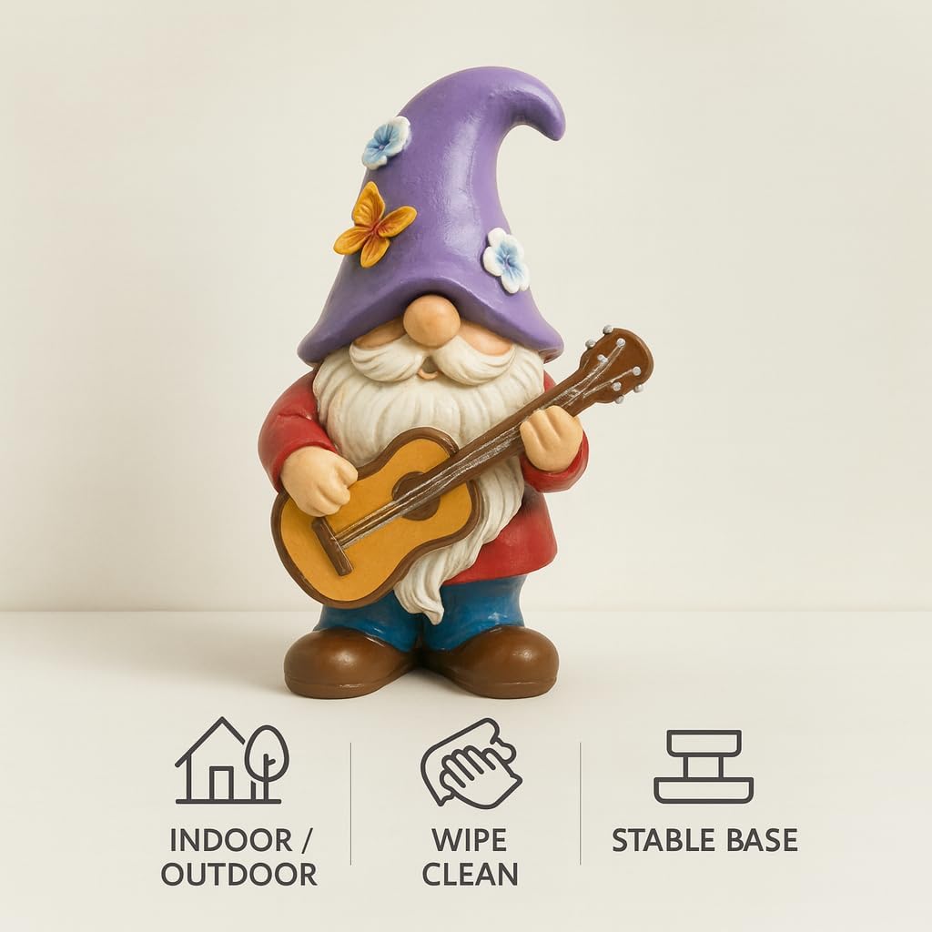 Musical Gnome Figurine with Guitar – Handcrafted Resin Garden or Shelf Decoration, 6.2" Tall